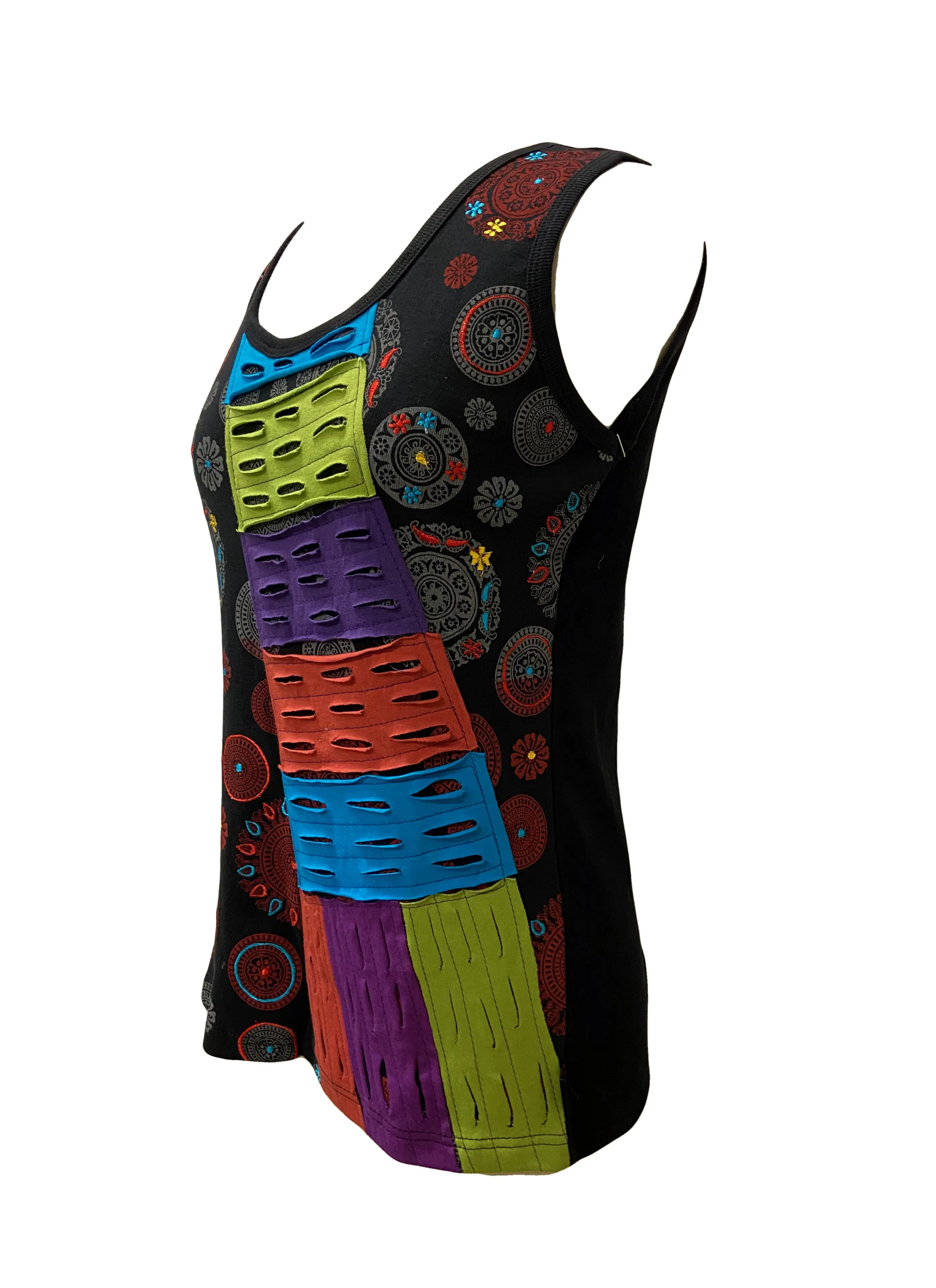 122 RB Bohemian Knit Stonewashed  Razor Cut Sleeveless Embroidered Printed Tank Top