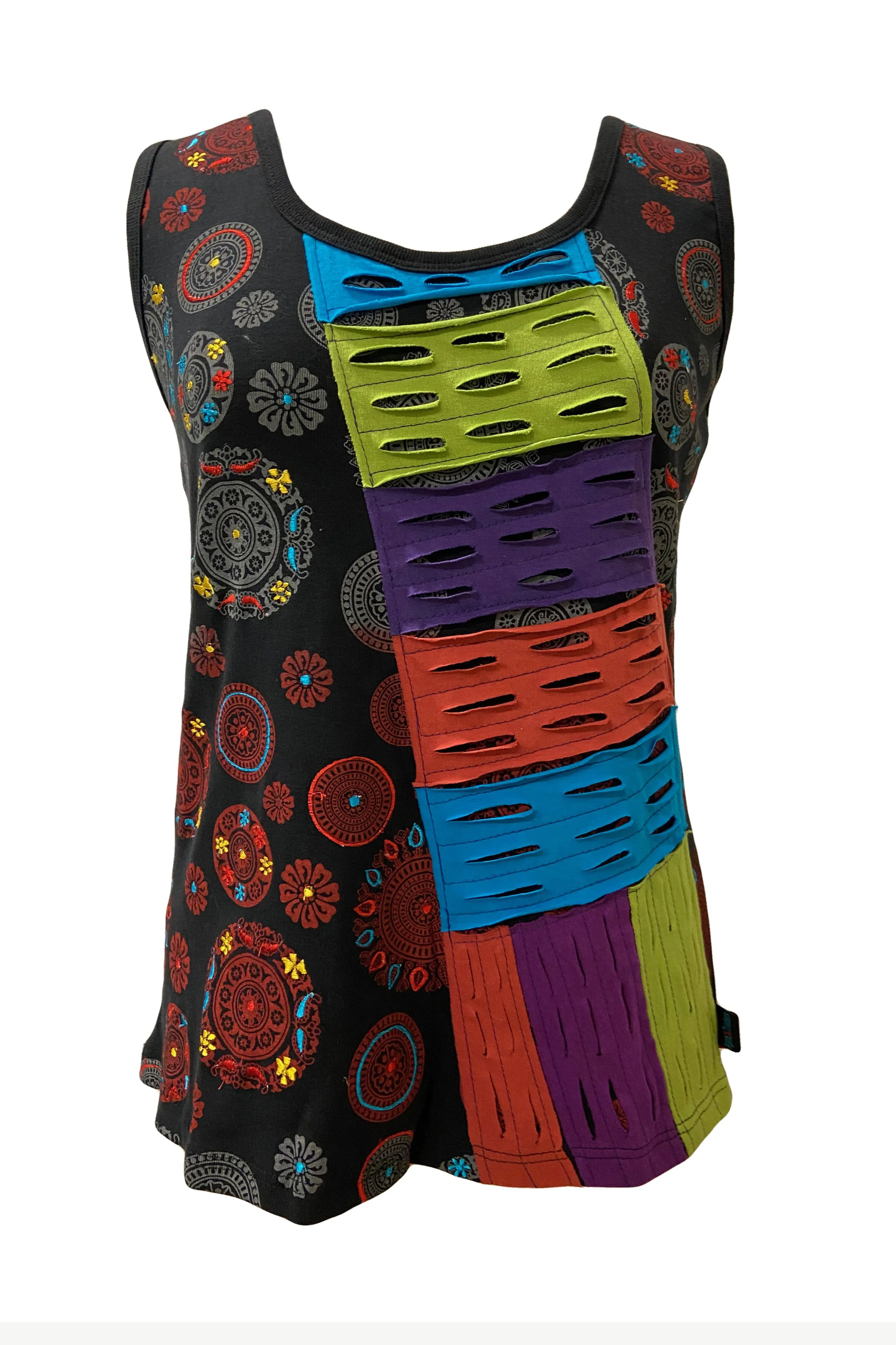 122 RB Bohemian Knit Stonewashed  Razor Cut Sleeveless Embroidered Printed Tank Top