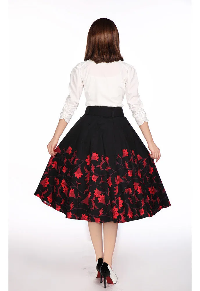 60's vintage red floral flare skirt with Big Bow | Black red floral skirt