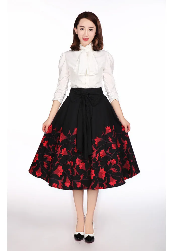 60's vintage red floral flare skirt with Big Bow | Black red floral skirt