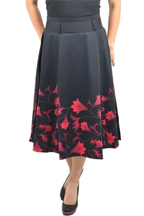 60's vintage red floral flare skirt with Big Bow | Black red floral skirt