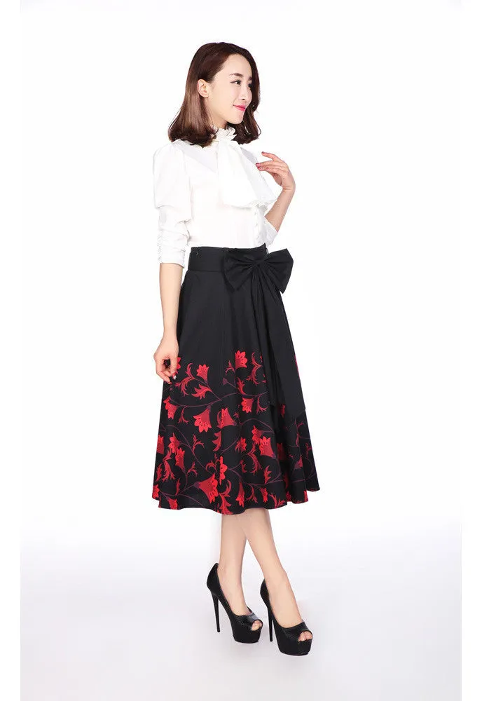 60's vintage red floral flare skirt with Big Bow | Black red floral skirt