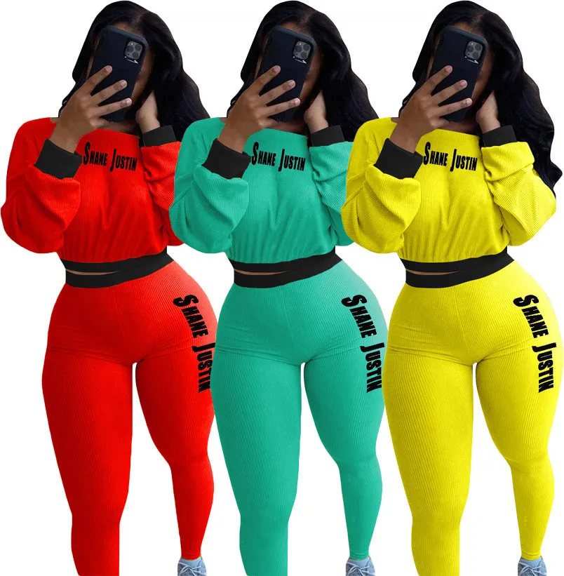 Autumn And Winter Ribbed Solid Color Letters Sports And Leisure Suit