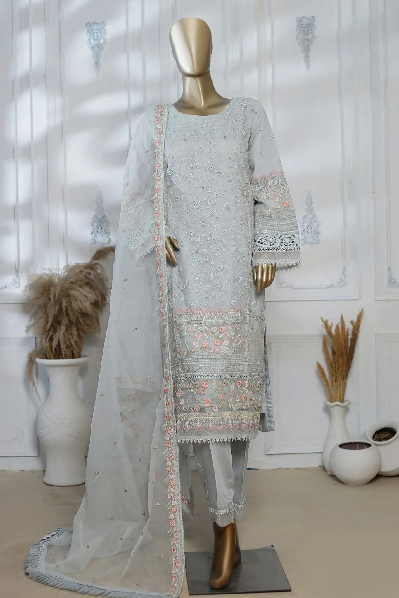 Bin Saeed Stitched 3 Piece Embroidered Fancy Collection'2023-ZEFC-2003-Grey