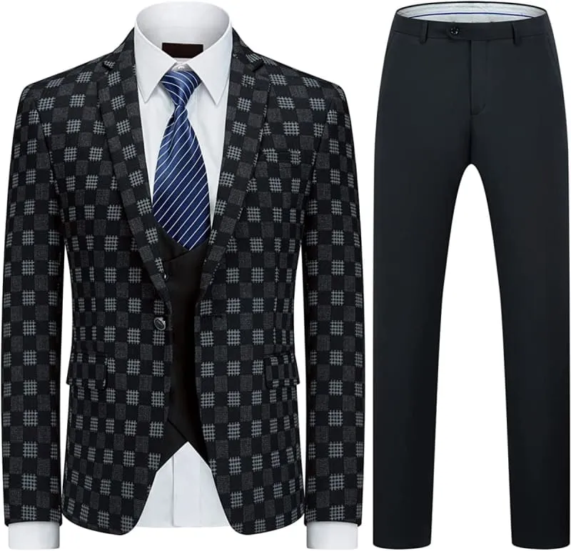 Black And Gray Plaid Three Pieces Prom Suits Regular Fit Business Suits