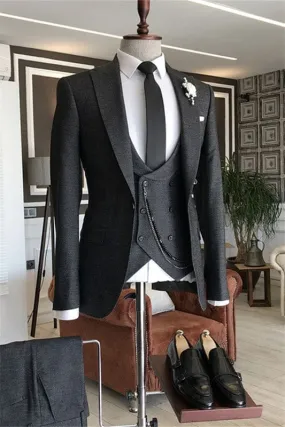 Black Peaked Lapel Three Pieces Men Business Suits Formal Wedding Groom Prom Tuxedo Dinner Party