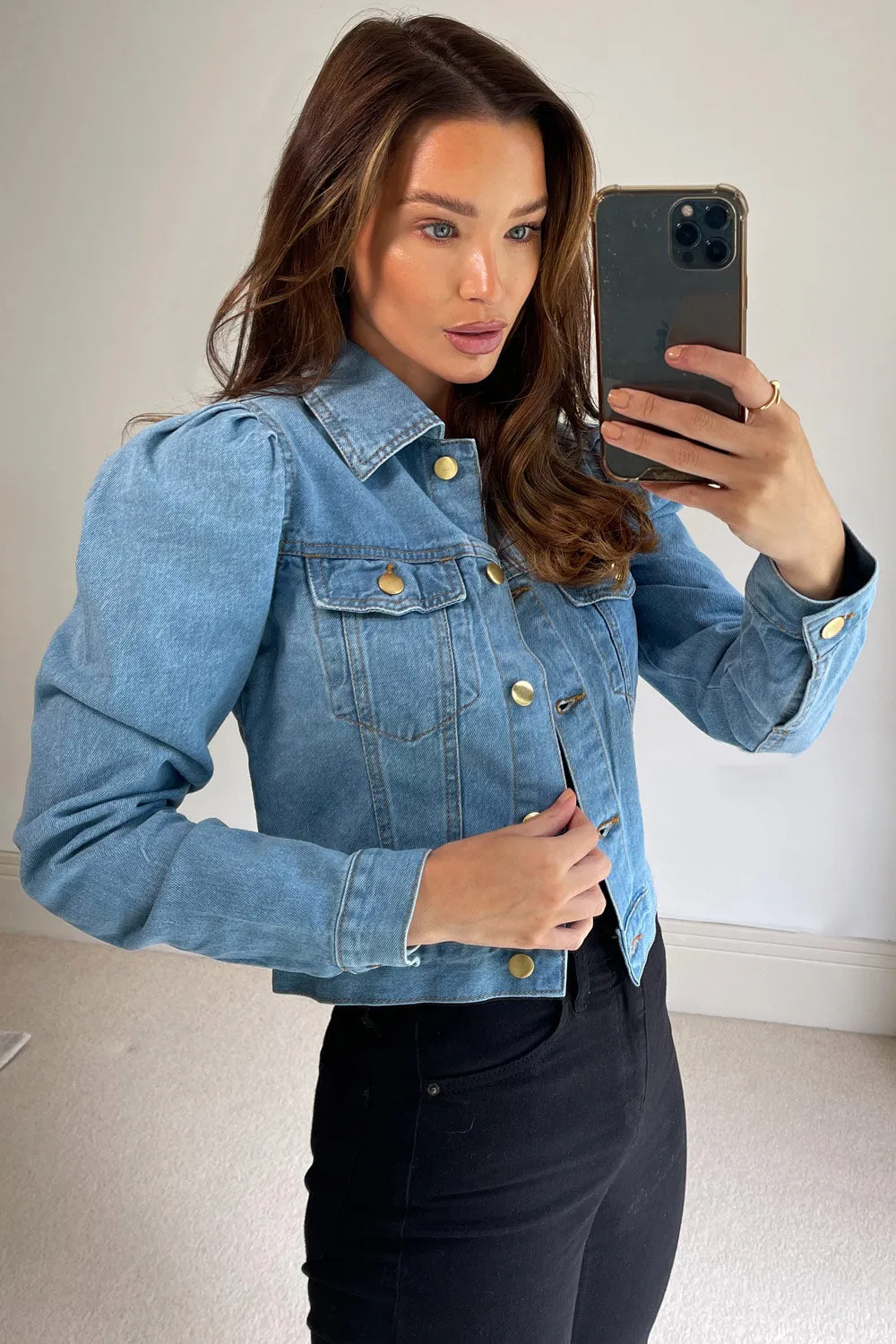 Blue Denim Puff Sleeve Cropped Jacket