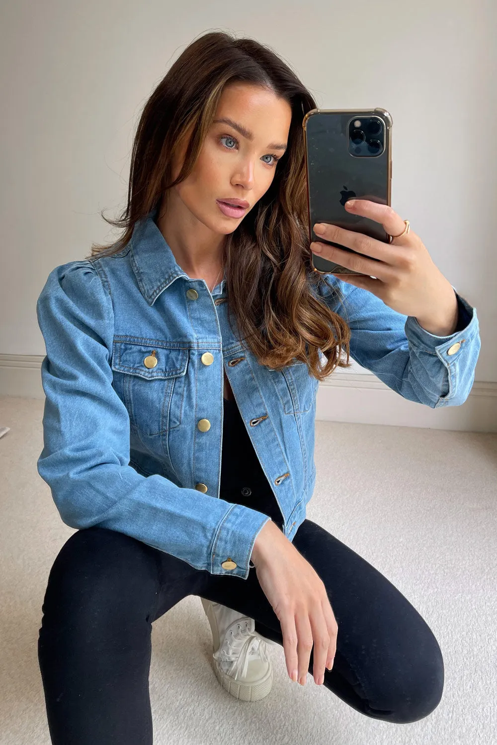 Blue Denim Puff Sleeve Cropped Jacket