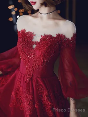 Burgundy A-Line Lace Long Prom Dresses, Burgundy Formal Evening Dresses