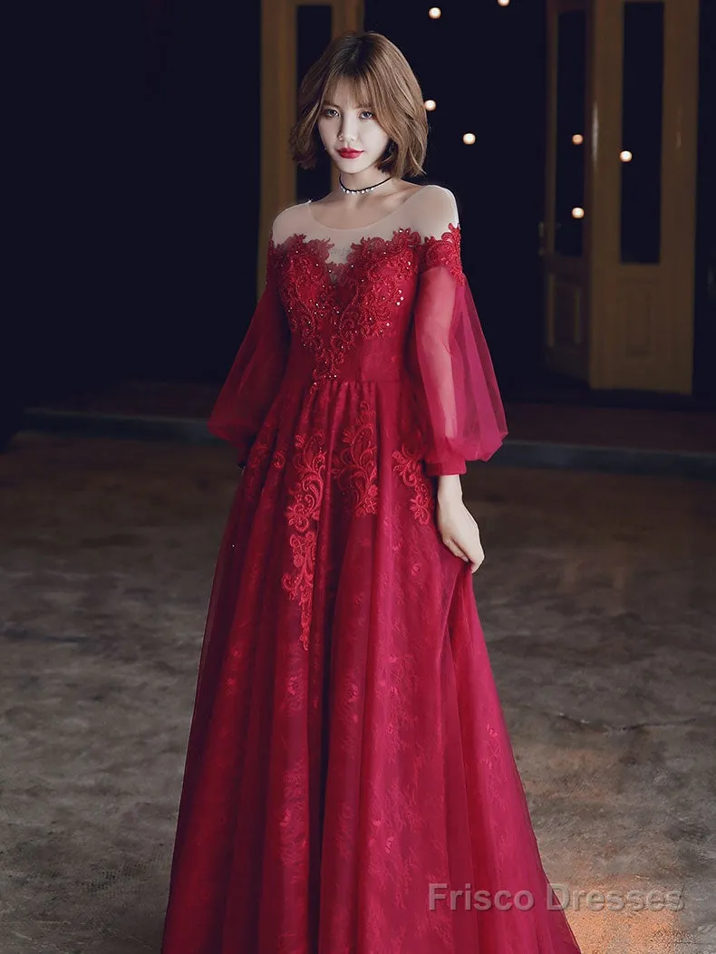 Burgundy A-Line Lace Long Prom Dresses, Burgundy Formal Evening Dresses