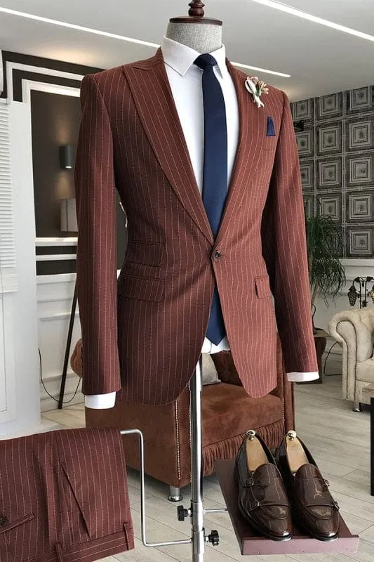 Chic Rufous Peaked Lapel Striped Business Suits Two Pieces Tuxedos Wedding Suits One Button