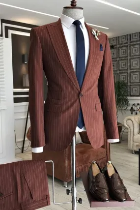 Chic Rufous Peaked Lapel Striped Business Suits Two Pieces Tuxedos Wedding Suits One Button