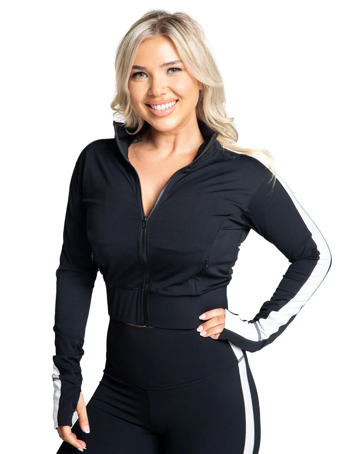 Cropped Jacket with Stripes, Black/White