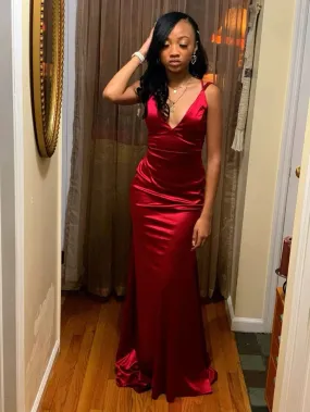 Elegant Burgundy Satin Mermaid Prom Dress Evening Party Gown Formal Wear Dresses