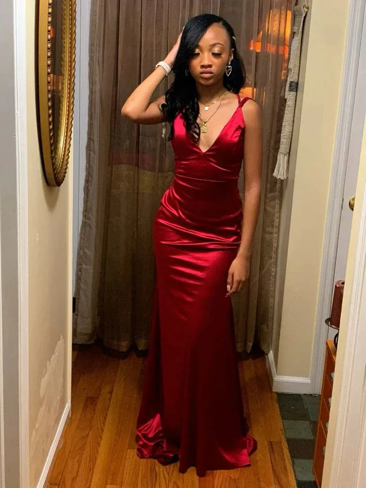 Elegant Burgundy Satin Mermaid Prom Dress Evening Party Gown Formal Wear Dresses