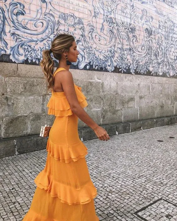 Elegant Dresses Evening Wear Ruffle Long Prom Dress Layered Formal Party Dress