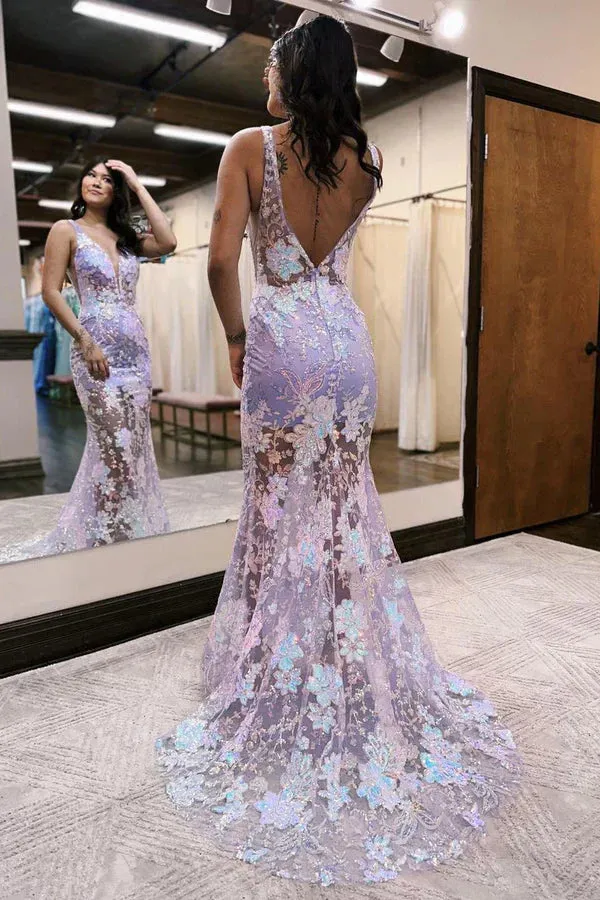 Formal Wear Dresses Lavender V Neck Backless Mermaid Sequin Lace Long Prom Dress Prom Dresses Shops Formal Women's Dresses