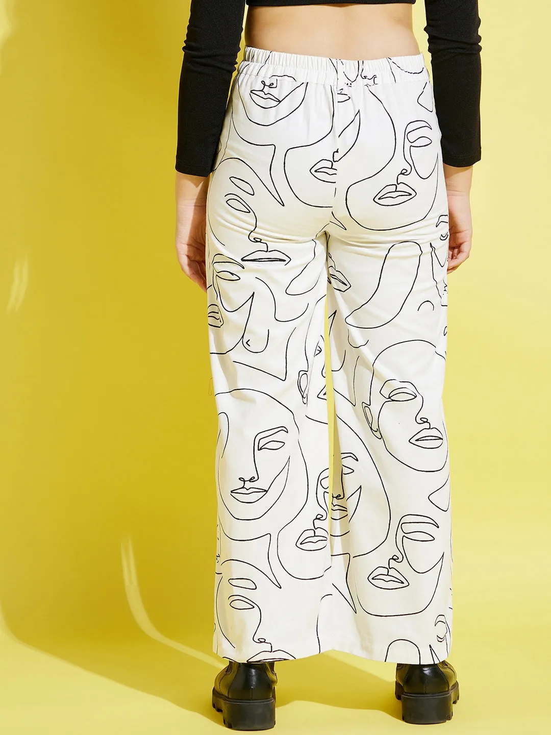 Girls White Face Print Twill Straight Pants - Lyush Kids