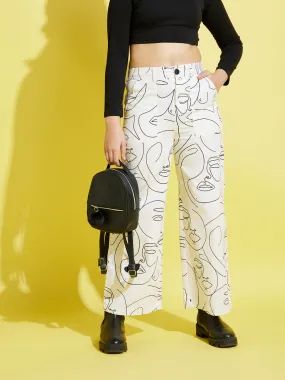 Girls White Face Print Twill Straight Pants - Lyush Kids