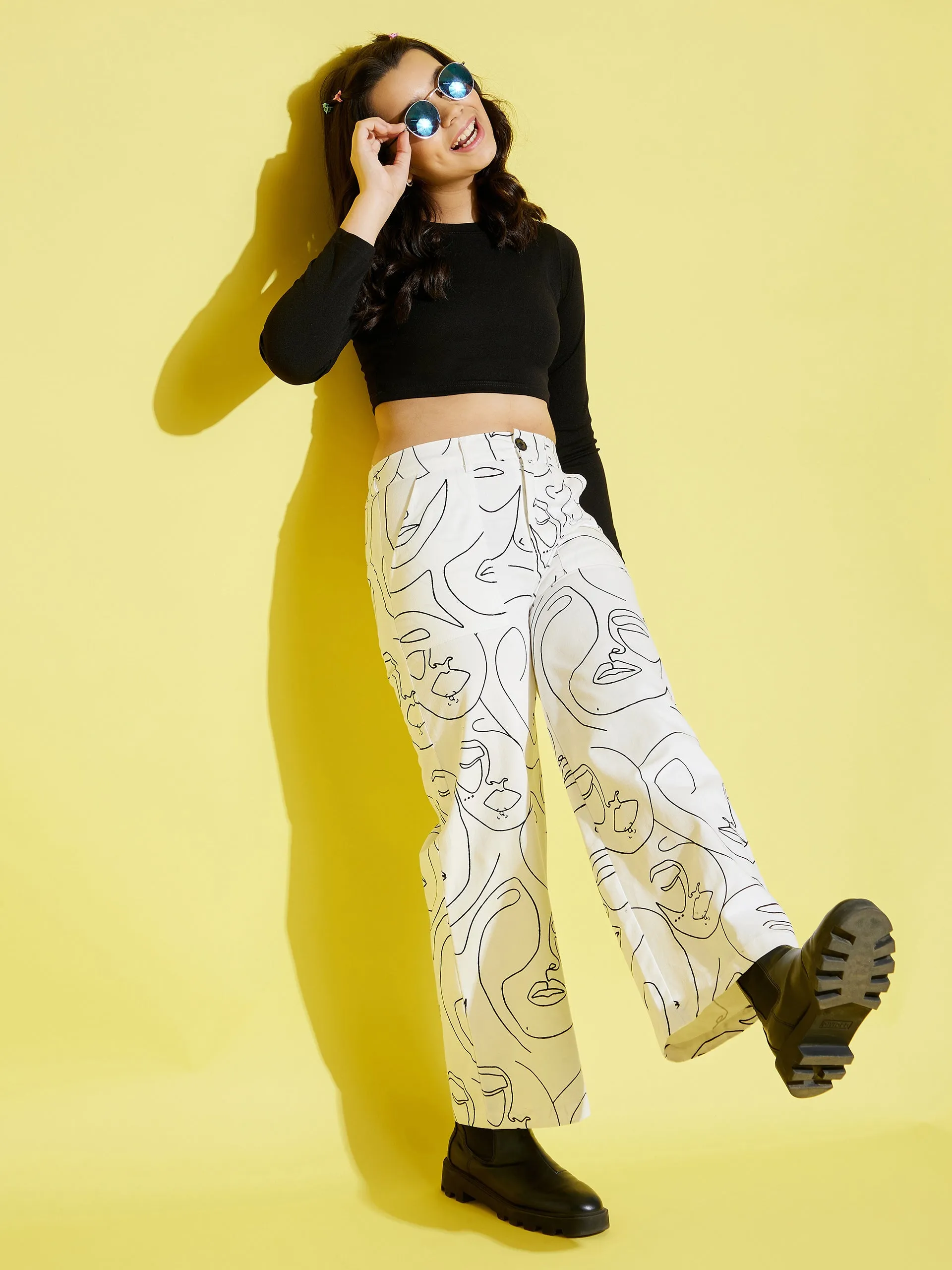 Girls White Face Print Twill Straight Pants - Lyush Kids