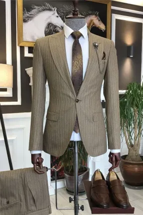 Khaki Peaked Lapel Striped Business Suits One Button Formal Blazer Vest Pants
