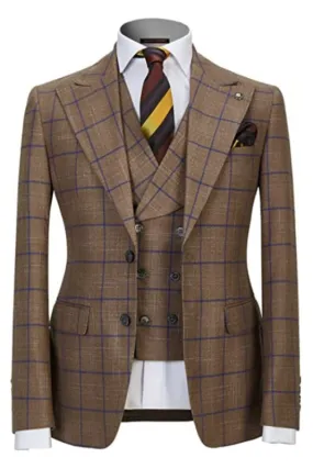 Khaki Peaked Lapel Three Pieces Plaid Men Business Suits Wedding Suits