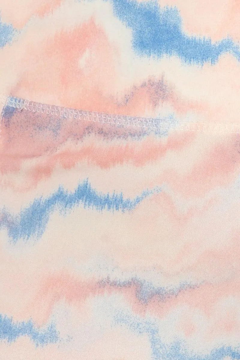 Plus Size High Waist Tummy Control Sports Leggings With Side Pockets - Pink & Blue Tie Dye