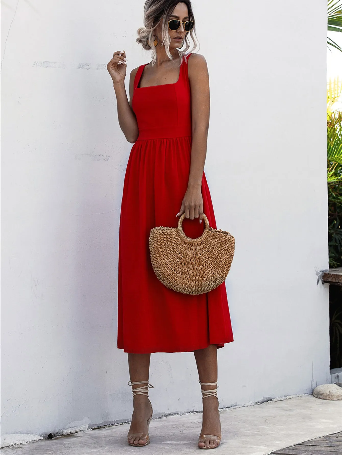 Square Neck Sleeveless Smocked Midi Dress