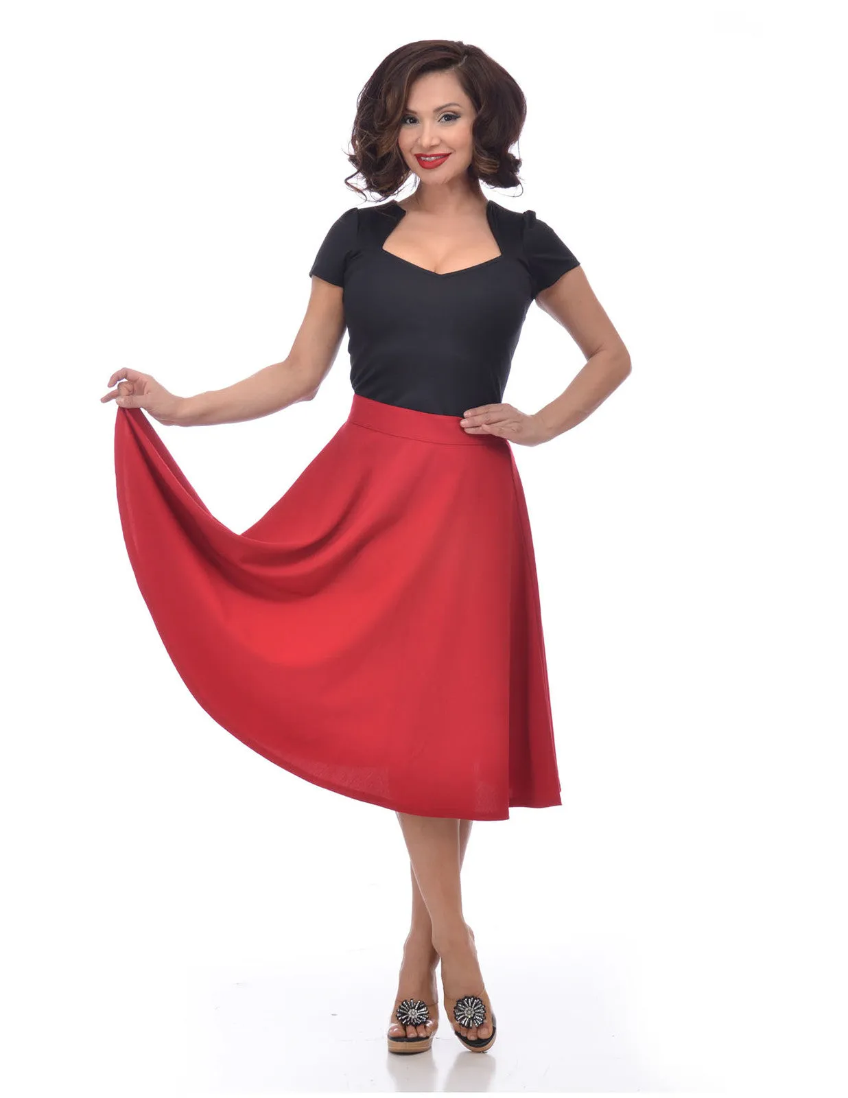 Steady Clothing Women's 50s High Waist Basic Solid Red Flared Circle Skirt