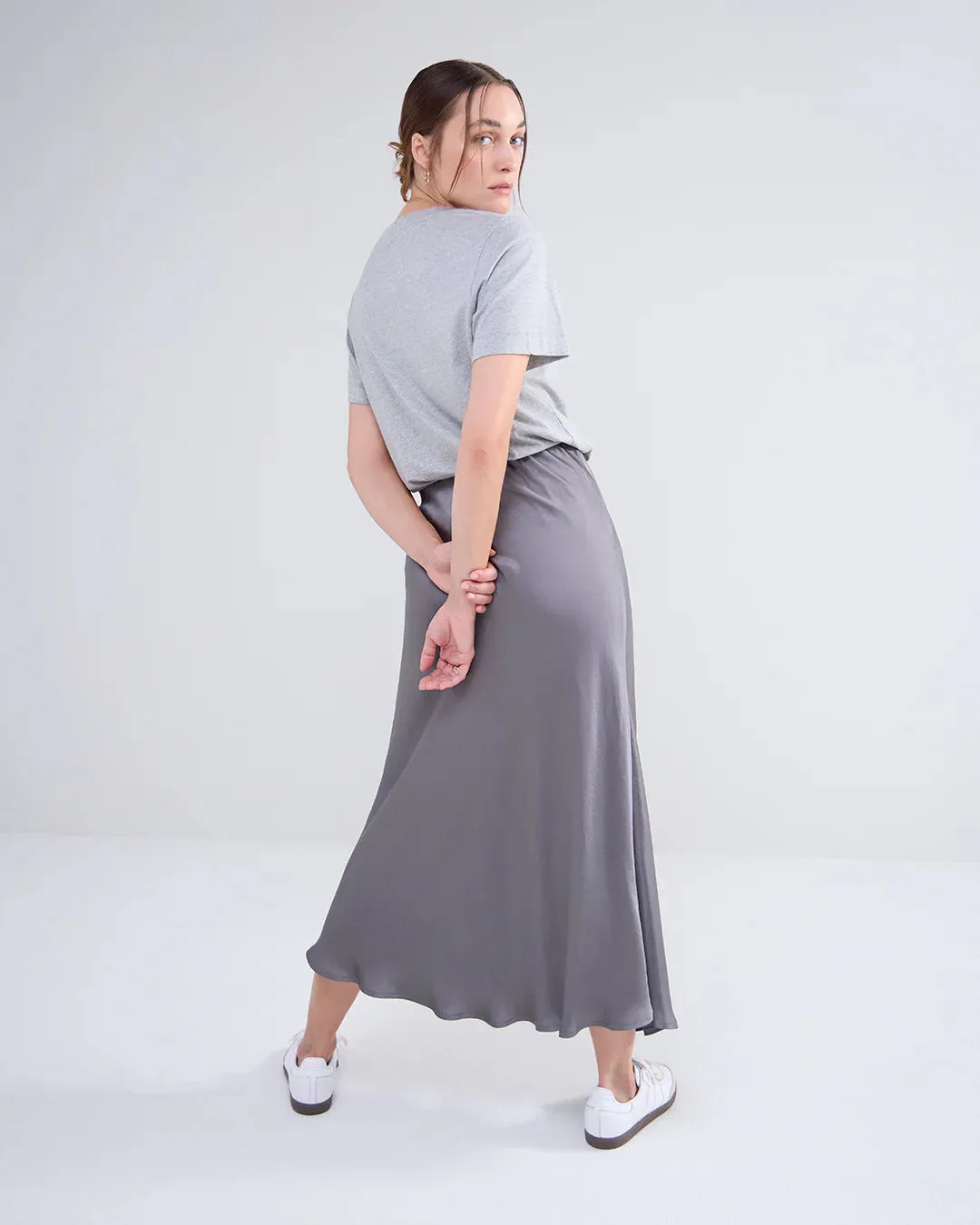 Summum Grey Bias Cut Silky Midi Skirt