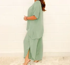 Women 2 Piece Linen Suit Comfortable Short Sleeve And Long Pants B-76594