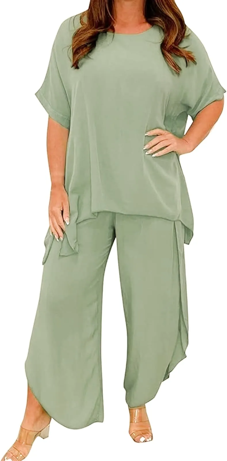 Women 2 Piece Linen Suit Comfortable Short Sleeve And Long Pants B-76594